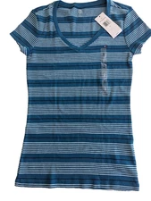 Tommy Hilfiger Tee T Shirt Small Striped 100% cotton Teal white black v-neck new