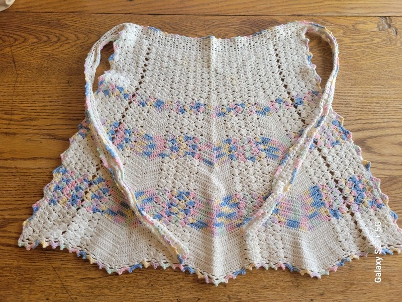 Vintage 1960's Handmade Crocheted Pastel Colors Half Apron Chevron Kitchen Linen