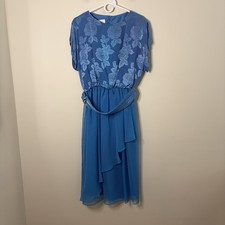 Vintage Blue Dress ZiZi Barbara Chodos, 70s 80s, size 8 Floral Whimsy Belted Z7