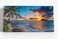 Tropical Sunset Beach Canvas Print Wall Art | Coastal Island Scene | Ocean Decor