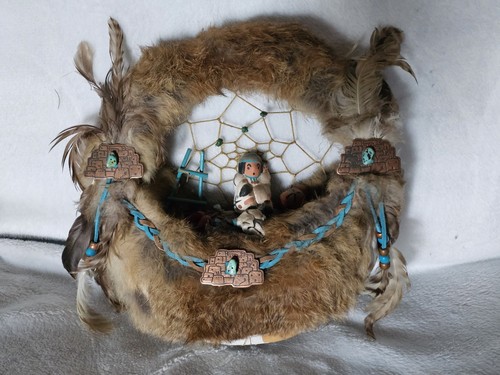 Vintage Native American Dreamcatcher Featuring Fur Wool Feathers And Beads.
