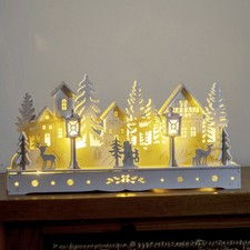 White Light Up Wooden Christmas Village Scene LED Xmas Houses Sculpture Decor