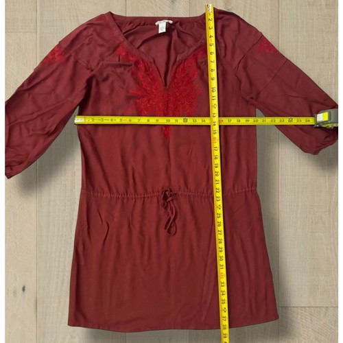 Lucky Brand Laszlo Red Tunic Midi Dress Embroidered Boho Peasant Sz Large Rayon - Picture 5 of 8