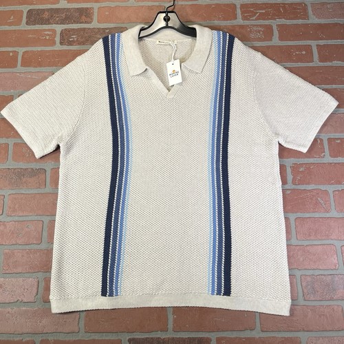 Marine Layer Conrad Sweater Polo Knit Stripe Johnny Mens XL Oatmeal Blue $118 - Picture 2 of 13