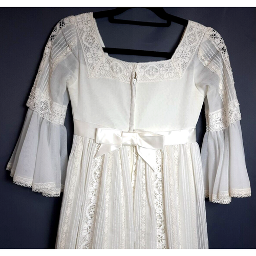 Vintage Victorian Lace Ruffle Hem Flare Sleeve Linen Wedding Dress Small White - Picture 4 of 17