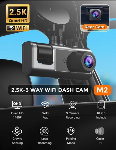 3 Channel WiFi Dash Cam Front and Rear Inside with 64GB SD Card, 2.5K+1080P+1080 - Picture 2 of 9