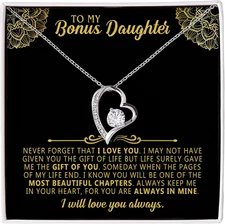 To My Bonus Daughter Necklace Gift Set - Heartfelt Message Card & Adjustable Cha