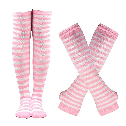 Womens Girls Cosplay Striped Knee High Socks Leg Arm Warmer Pink-white - Bild 2 von 3