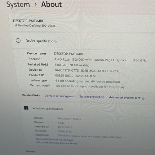 Hp Pavilion 590-p0038na PC - Ryzen 5 2.6GHz/8GB Ram/240GB SSD/Windows 11 Home - Picture 6 of 18