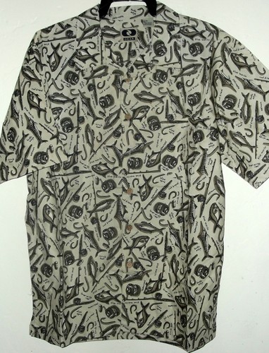 CAMISA HAWAIANA PESCA DEPORTIVA NUEVA ganchos caña y carrete Marlin Salmón TALLA M 50" PECHO - Imagen 1 de 6