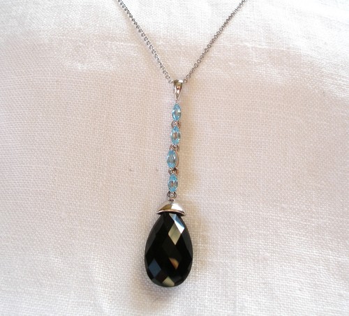 KREMENTZ- Agate Solitaire & .60 Ct. Topaz 14K White Gold Pendant & Necklace - Picture 6 of 6