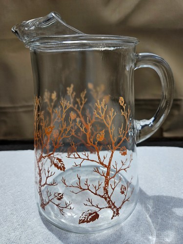 Brocca vintage in vetro Libbey autunno foglie di albero marrone 9" 64 su. - Foto 6 di 10