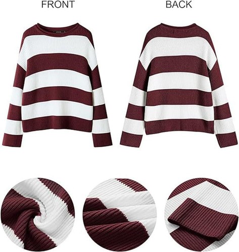 Women Orange and White Striped Sweater Knitwear Long Sleeve Knitted Pullover - Picture 4 of 83