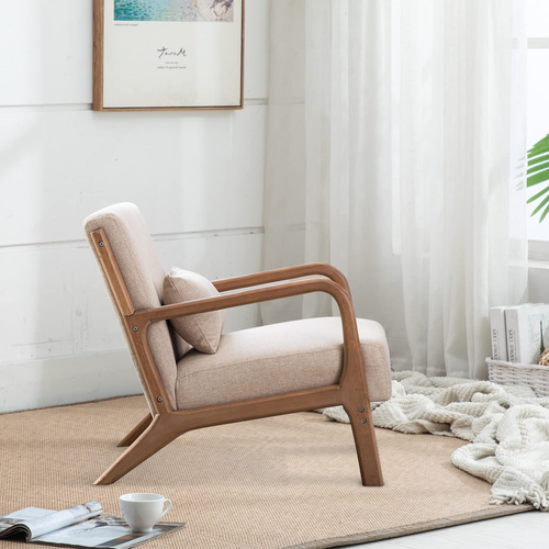 Mid Century Modern Accent Chair with Wood Frame, Upholstered Living Room Chairs - Picture 7 of 8