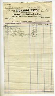 ARIZONA - PRESCOTT BILLHEAD   RICHARDS BROS GROCERIES 1913