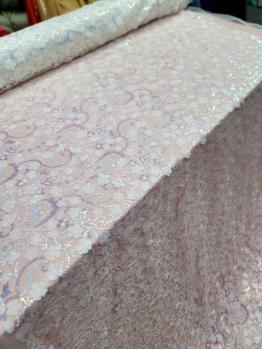 3D Blumen weiß Spitze Stoff Meterware Hologramm Pailletten Stickerei irisierend - Bild 7 von 9