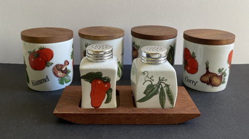 Latas de especias de porcelana Gerold + sal pimienta esparcidor verduras tapa tapa de madera - Imagen 5 de 16