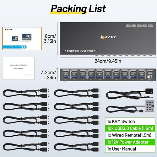 10 Port KVM Switch HDMI USB3.0 4K@60Hz EDID Simulation 10 Port HDMI KVM Switcher - Bild 12 von 23