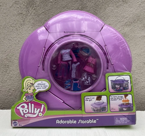NEW 2004 POLLY POCKET ADORABLE STORABLE PURPLE FLOWER STORAGE CASE + 10 FASHIONS