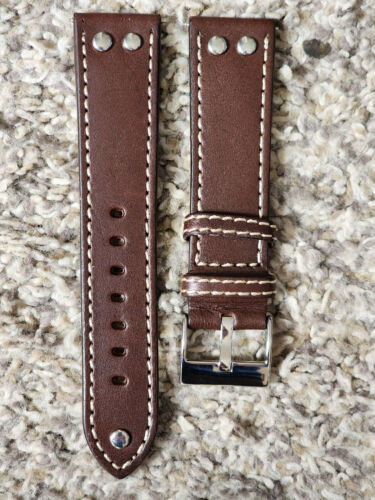 22mm Brown 100% Genuine Leather watch band Aviator Pilot 3 SOLID Stainless Steel - Picture 3 of 6