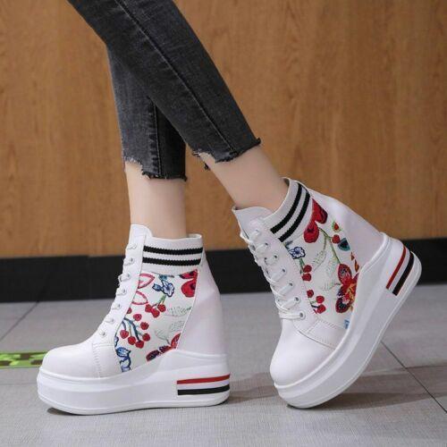 Floral Printing Women's Hidden Wedge Shoes Lace Up Sneakers Platform High Top SZ - Bild 6 von 7