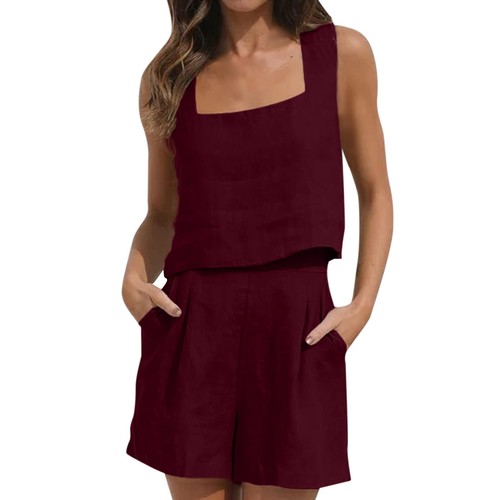 Womens 2 Piece Outfit Sleeveless Crop Tops with Linen Shorts Summer Vacation Set - Picture 32 of 42