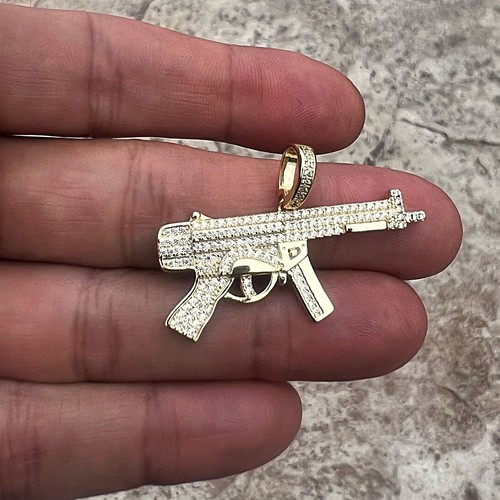 14k Gold Plated over Solid 925 Sterling Silver AK-47 Rifle Gun CZ Iced Pendant - Picture 4 of 8