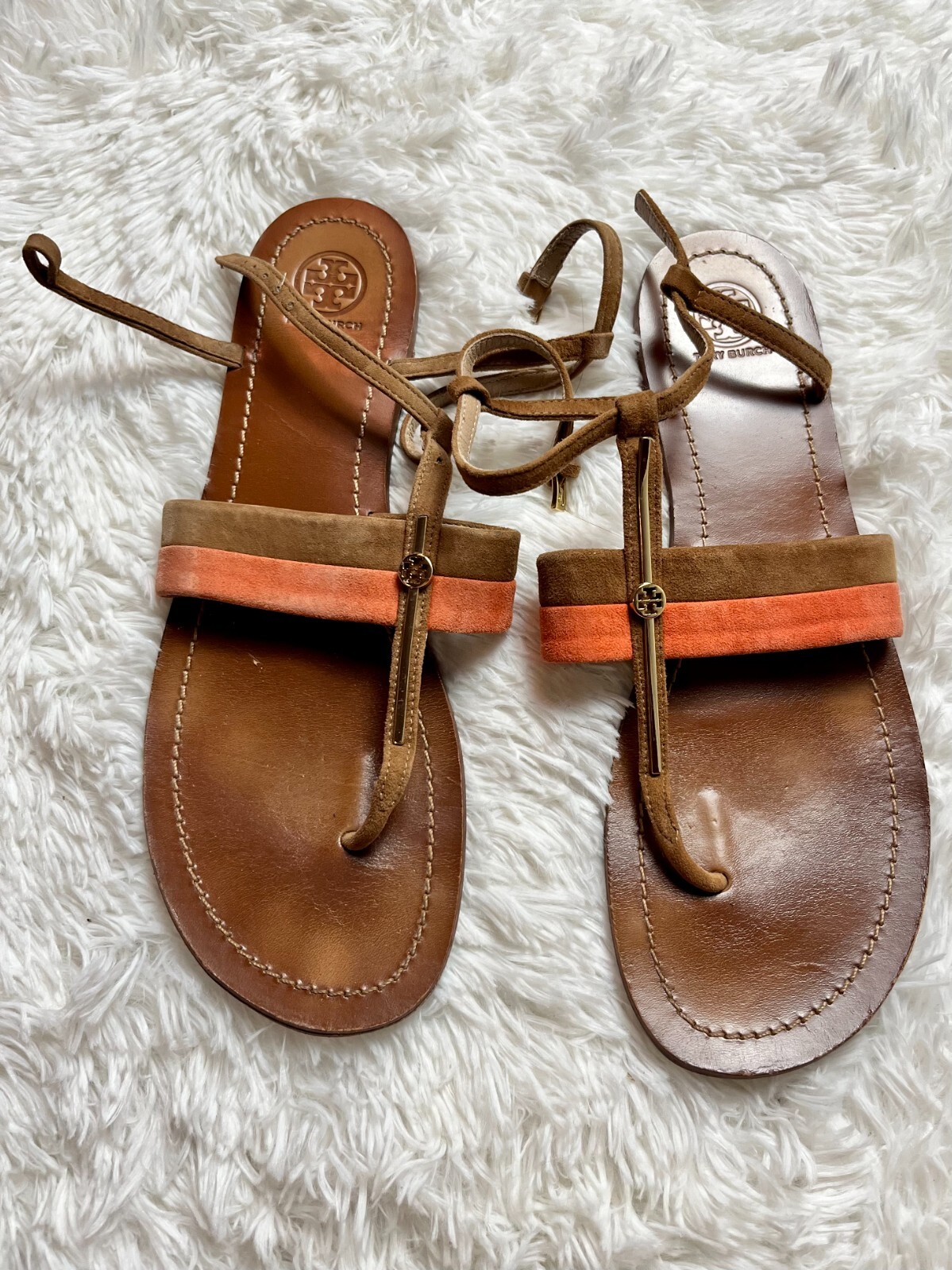 Tory Burch Suede Flat Sandals Size 11 Women's Brown/Orange eBay