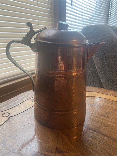 Caffettiera rustica rame martellato manico ottone primitiva vintage 8” leggi