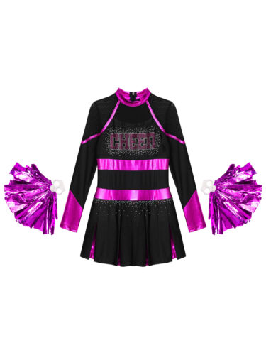 Girls Long Sleeve Shiny Sequins Dance Dress with Pom Poms Outfits Cheerleading - Picture 9 of 68