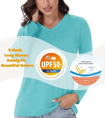 Women's Long Sleeve UPF 50+ Quick Dry Workout Tee V-Neck - Picture 19 of 56