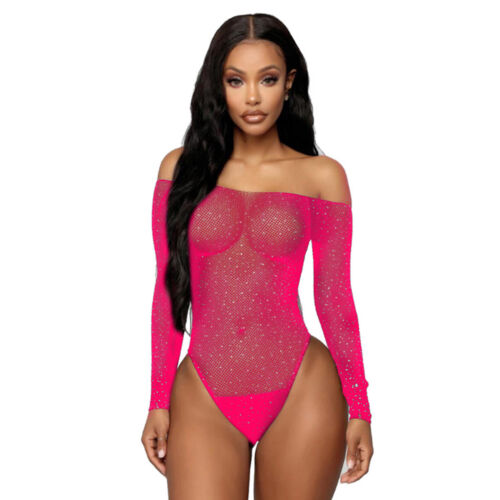 LOT Women Sexy Rhinestone Studded Fishnet Teddy Long Sleeve One Piece Bodysuit. - Picture 13 of 13