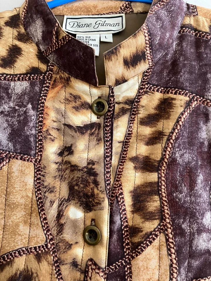 Abrigo para mujer Diane Gilman 100 % seda talla grande marrón retazos occidentales abotonados Foto 3 de 4