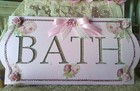 Shabby Chic Victorian~Wooden Bath Sign~Pink w/Rose Design~Pink Rhinestone Trim