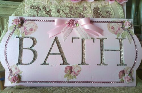 Shabby Chic Victorian~Wooden BATH Sign~Pink w/Rose Design~Pink Rhinestone Trim
