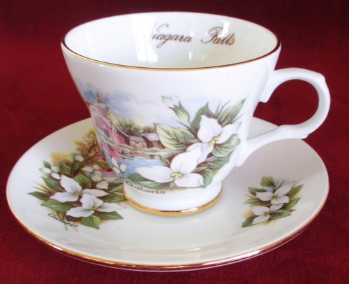 Crown Trent Ontario Cup & Saucer Trillium Flower Gold Trim Niagara Fall Souvenir - Picture 10 of 10