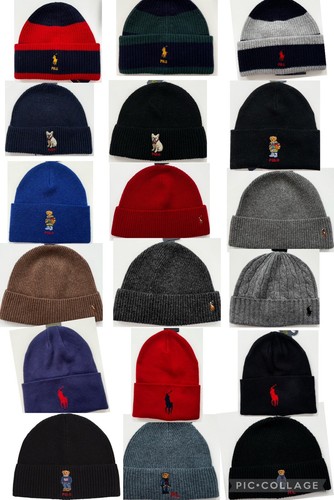 Polo Ralph Lauren Herren Wollmischung geripptes Bündchen Strick Beanie Mütze Rugby Bär Neu mit Etikett - Bild 1 von 38
