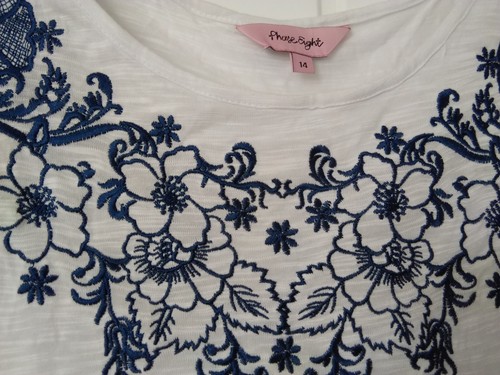 PHASE EIGHT WHITE WITH BLUE EMBROIDERED LONG TOP - SIZE 14 - Picture 2 of 3
