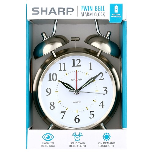 Twin Bell Quartz Analog Alarm Clock, Silver Brushed Metal, Battery Operated - Picture 2 of 7