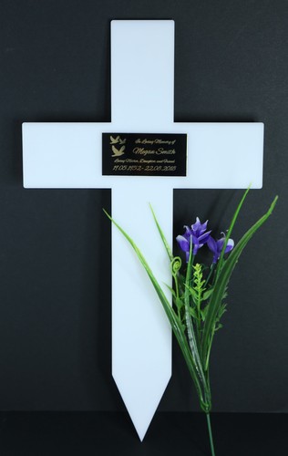 CROSS GRAVE MARKER MEMORIAL ACRYLIC SIGN WITH SMALL ENGRAVED PLAQUE FUNERAL PET - Picture 26 of 31