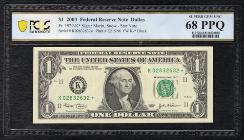 FR. 1929-K* 2003 $1 *STAR* FRN DALLAS, TX PCGS BANKNOTE SUPERB GEM UNC-68PPQ - Picture 1 of 2