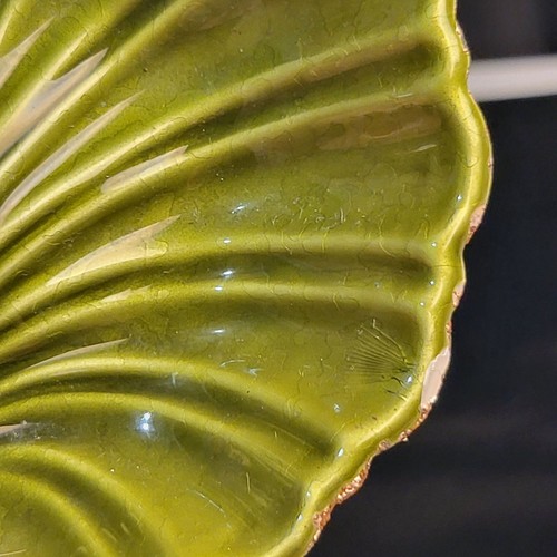 Vintage Enamel Shell Ashtray Trinket Metal Brass Handle RARE Avocado Green Glaze - Picture 7 of 15