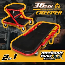 36" Red[FOLDABLE CREEPER+UPHOLSTERED SEAT]Rolling Mechanic Vehicle Repair Stool