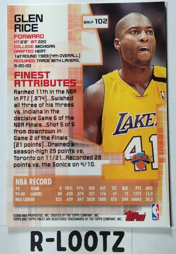 Glen Rice 2000-01 Topps Finest New York Knicks #NYK-F 102 Los Angeles Lakers  - Image 4 of 4