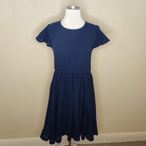 Lands' End Girls Dress Size 14 Eyelet Embroidered Flutter Sleeve Navy Fit Flare
