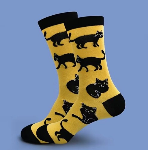 Cartoon Cat Print Crew Socks Unisx. OS. Calf Socks Polyester Blend - Picture 2 of 5