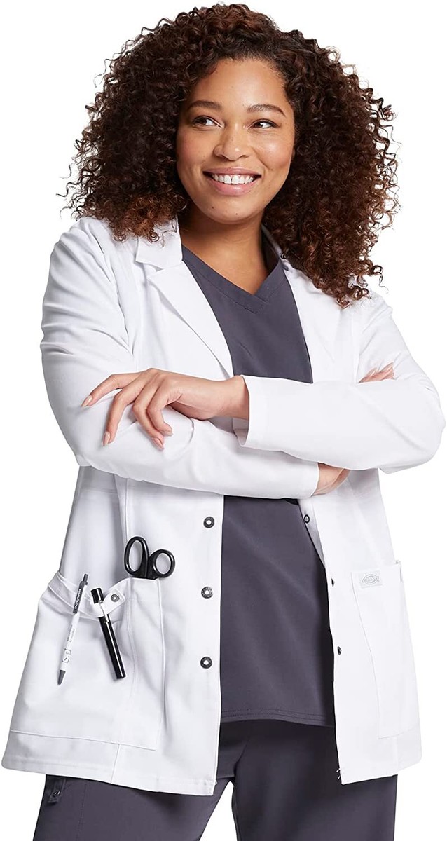 New Women s Full Length Blue Navy White Lab Coat 5 Button