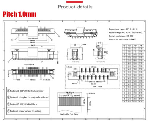 Conector FPC 0.5/1.0mm Paso Vertical Parche Tipo FFC Cable Plano Enchufe 4-40 Pin - Imagen 3 de 38