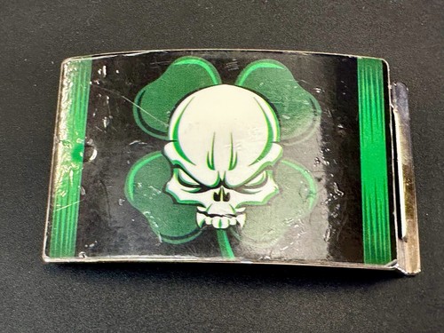 Lucky Four Leaf Clover With Vampire Skull Rectangular Belt Buckle - Picture 12 of 14