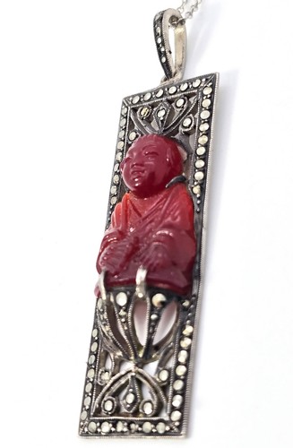 Art Deco Red Coral Buddha marcasite French sterling silver antique necklace - Picture 2 of 8